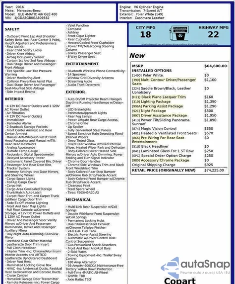 2016 Mercedes-Benz Gle 400 4Matic z USA, uszkodzony, nr VIN 4JGDA5GB0GA809582